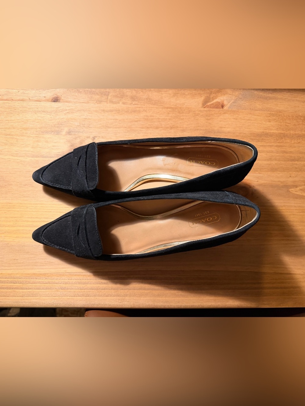Coach Black Suede Pointed Toe Kitten Heel Loafers - Picture 2 of 5